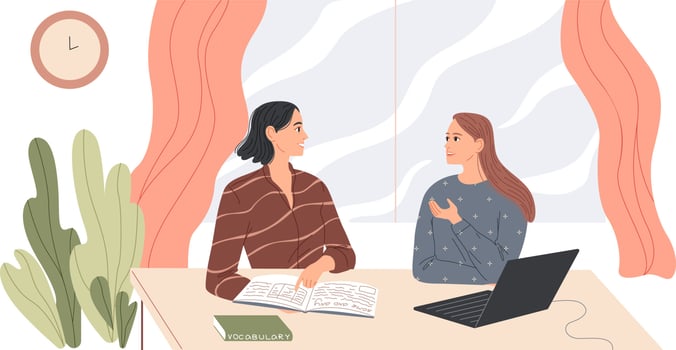 Two women sit at the desk and talk vector