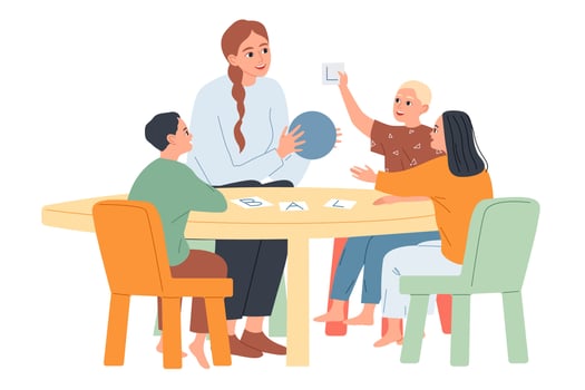 Little children play and learn with a kindergarten teacher. vector