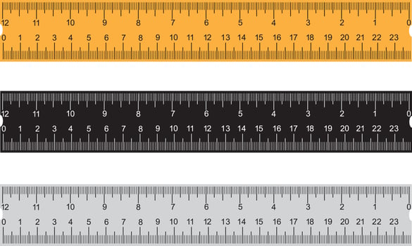 Set of three rulers on transparent background. Plastic yellow, black, gray insulated rulers with double side measuring inches and centimeters. vector