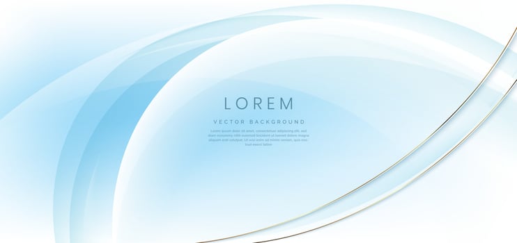 Abstract 3d light blue background with gold lines curved wavy sparkle with copy space for text. Luxury style template design. vector