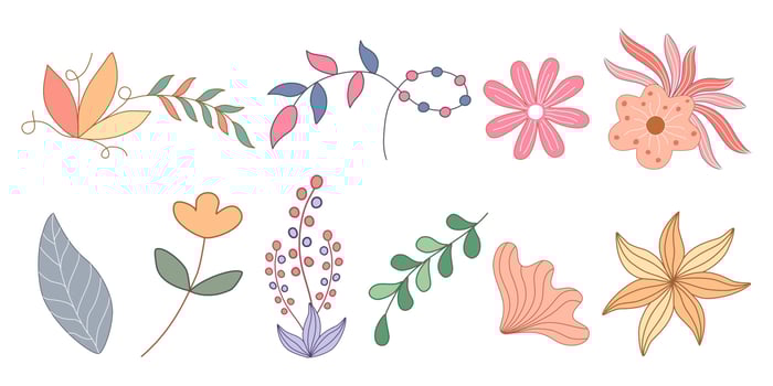 Set vector elements flowers and leaves, doodle style design on white background for digital printing, stickers, spring theme decorations, fabric patterns, cards, scrapbooks, t-shirt designs and more.