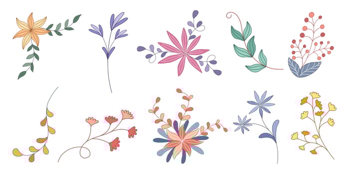 Set vector elements flowers and leaves, doodle style design on white background for digital printing, stickers, spring theme decorations, fabric patterns, cards, scrapbooks, t-shirt designs and more.