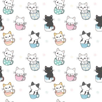 seamless pattern background cute kitten cat in coffee cup tea mug cartoon doodle hand drawing isolated on white background vector