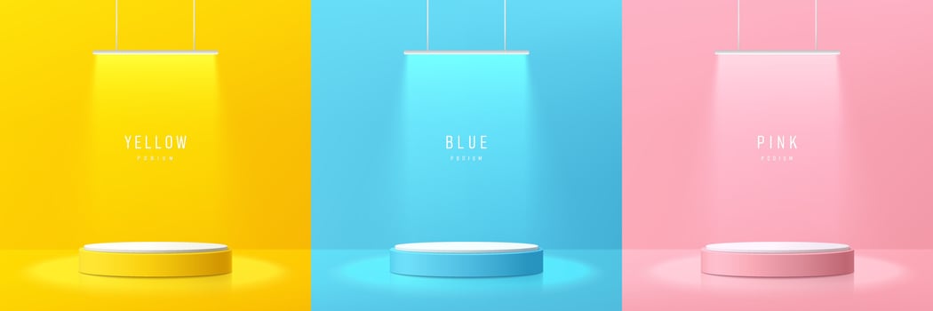 Set of yellow, blue and pink realistic 3d cylinder pedestal podium with glowing hanging lamps neon. Abstract vector rendering geometric forms. Pastel minimal scene. Stage showcase, Product display.