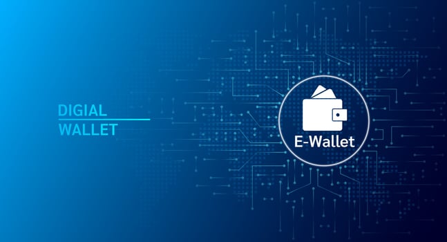 E-wallet Digital wallet application internet banking. Online payment security via credit card. Online money transaction concept. Coin icon on dark background. Vector EPS10 illustration.