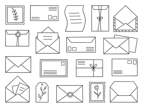 Hand drawn set of mail envelope doodle. Postcard, letter, post stamp in sketch style. Post and mail service.  Vector illustration isolated on white background.