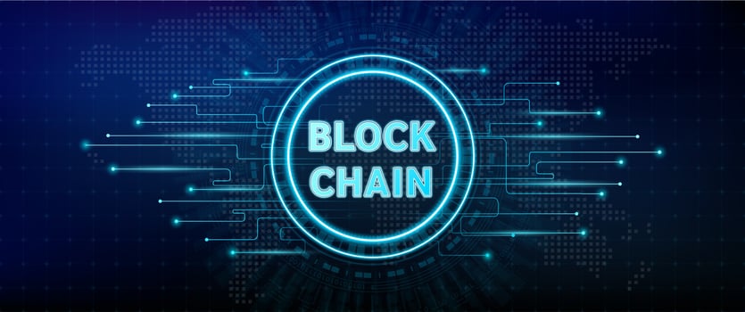 Blockchain technology. Icon on abstract technology background. Global connection suitable for financial investment or crypto currency trends business. Vector EPS10.