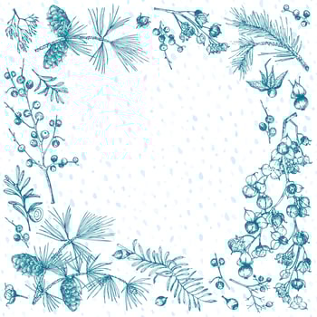 Hand-drawn sketch christmas plants frame with pine cones, berries, branches, leaves in engraving style. Vintage herbal border. Xmas retro decor Wedding graphic Hello, winter. Vector. vector