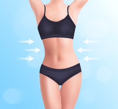 Beautiful woman's body. Perfect slim toned young body. Girl in perfect sexy body shape in black panties in 3d vector illustration, On a pink bokeh background.