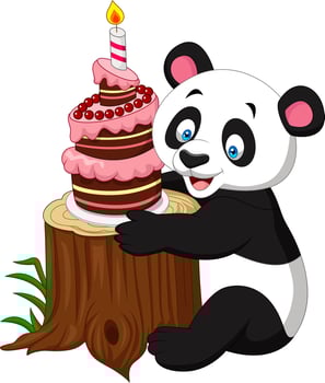 Cartoon funny panda with birthday cake vector