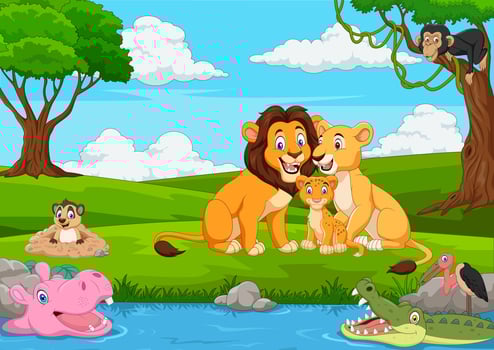 Cartoon lion family in the jungle vector