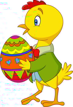 Cartoon chick holding a decorated Easter egg vector