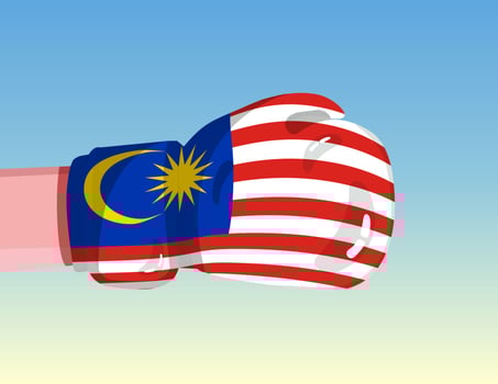 Flag of Malaysia on boxing glove. Confrontation between countries with competitive power. Offensive attitude. Separation of power. Template ready design. vector