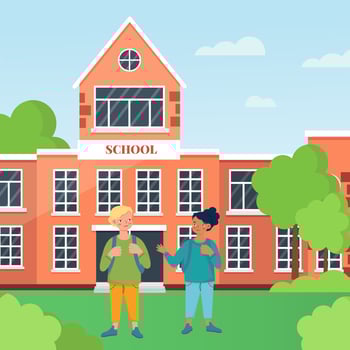 The concept of Back to School.Children in the school garden on the background of a school building . Vector illustration in a flat style
