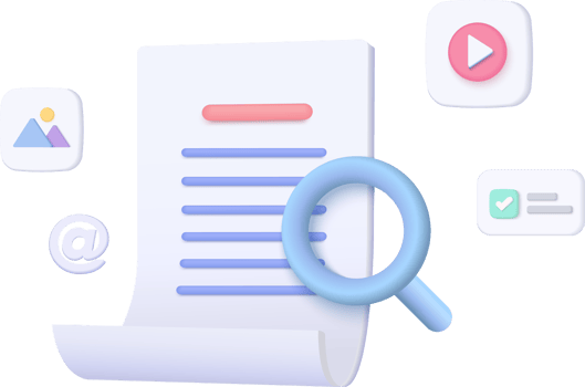 3d Concept of media file management. Searching image and video files in database. Document management soft, document flow app, compound docs concept. 3d rendering magnifying png