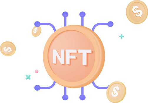 Cryptocurrency NFT 3d money transfer concept by blockchain technology, Futuristic background. Bundles cash and floating coins exchange on blue background. cashless society concept in 3d render png