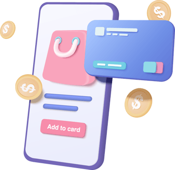 3d render online shopping bag using credit card or cash for future use. Credit card money financial security on mobile 3d application. 3d shop purchase basket retail store on e-commerce png