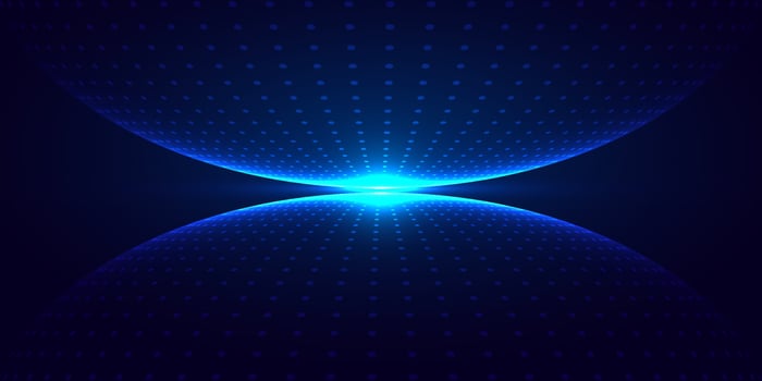 Abstract 3D blue glowing dots particles sphere with lighting on dark blue background technology vector