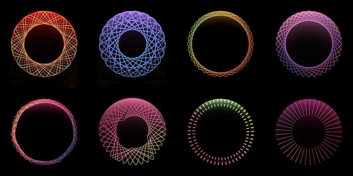 Set of spirograph effect circles spiral elements isolated on black background vector