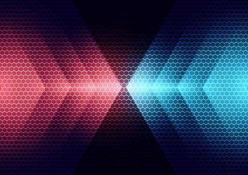 Abstract technology futuristic concept red and blue light arrows on hexagons pattern background vector