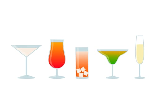 Set of tropical cocktails, juice and champagne glass. Collection of alcohol drinks isolated on white background vector