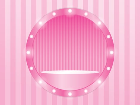 light bulb circle window display frame with product stand on pastel pink striped wall 3d illustration vector for putting your object