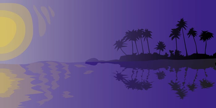 Sunset or sunrise on tropical island abstract background of night seashore palm tree silhouettes with reflection vector illustration