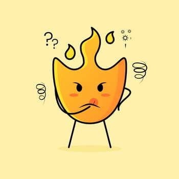 cute fire cartoon with thinking expression. hand on chin and tongue sticking out. suitable for logos, icons, symbols or mascots vector