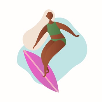 Young happy woman surfer in Swimsuit with surfboard in her hands. Active recreation, water sports. Summer vacation. Tropical vacation, tourist, travel. Hand drawn flat illustration. vector