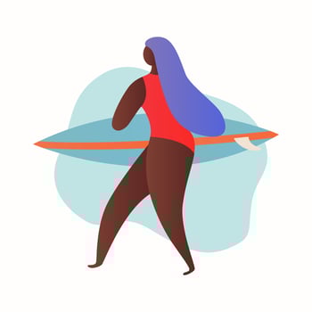 Young happy woman surfer in Swimsuit with surfboard in her hands. Active recreation, water sports. Summer vacation. Tropical vacation, tourist, travel. Hand drawn flat illustration. vector