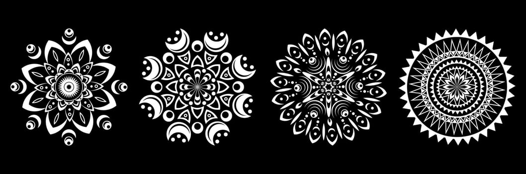 Set of white mandalas on a black background. Round pattern, floral ornament. Beautiful symmetrical element. Antistress, relaxation vector