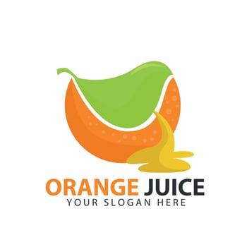 Stream of juicy orange slices with green leaves. Orange juice logo vector