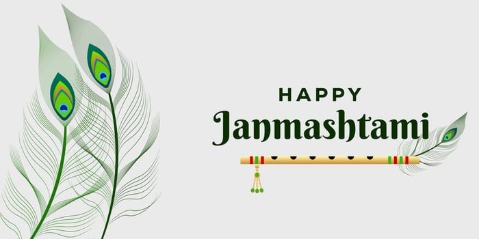 happy Janmashtami background illustration with peacock feather and krishna flute vector