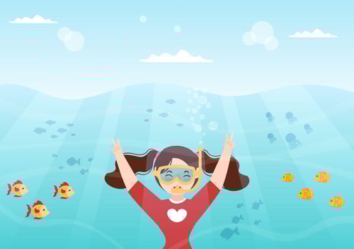 Children Snorkeling with Underwater Swimming Exploring Sea, Coral Reef or Fish in the Ocean in Flat Cartoon Vector Illustration