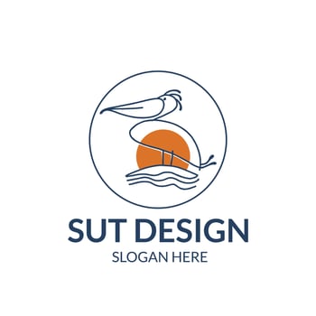 pelican logo line art with sunrise or sunset on the beach vector