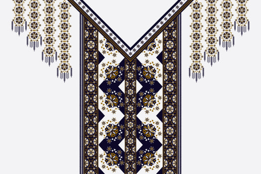 Ethnic neck embroidery V-shape geometric flower with triangle pattern design on white color background. Elegant tribal art fashion for shirts. vector