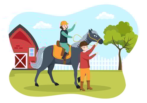Horse Riding Cartoon Illustration with Cute People Character Practicing Horseback Ride or Equestrianism Sports in the Green Field vector