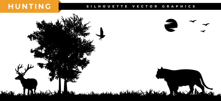 Tiger hunting deer vector illustration landscape. Forest, wild animal hunting silhouette.