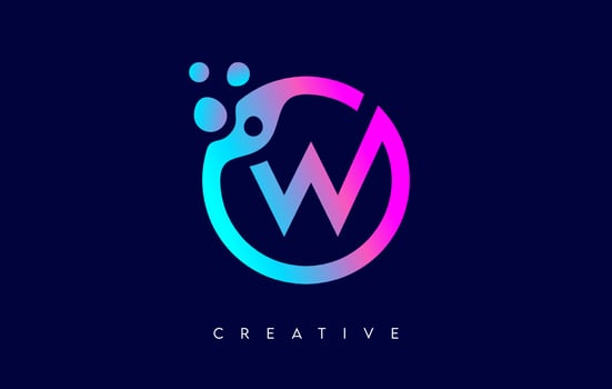 Letter W Logo with Dots and Bubbles inside a Circular Shape in Purple Neon Colors Vector