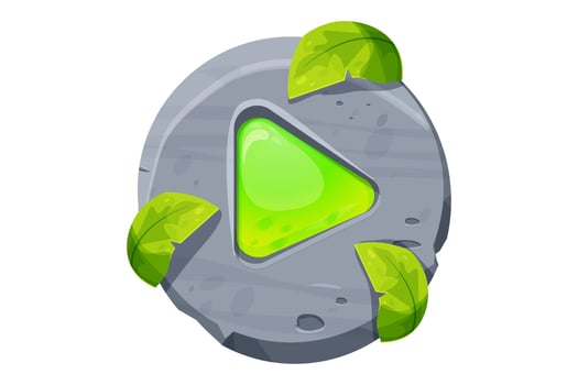 Jungle play or start button with stone and leaves decorations in funny cartoon style isolated on white background. Game menu, interface design. ui asset. Vector illustration