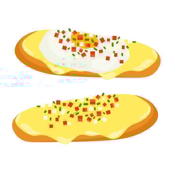 Mollette's Mexican Food. Bollilo with raw tomatoes, onions, jalapeo peppers and melted cheese. Two variants with fried egg on top. Vector illustration.