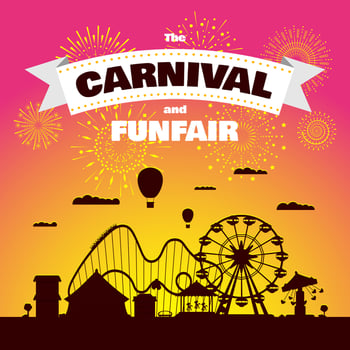 Carnival funfair with fireworks rays. Amusement park carousels, roller coaster and attractions on sunset. Fun fair and festive theme landscape. Ferris wheel and merry-go-round festival poster vector