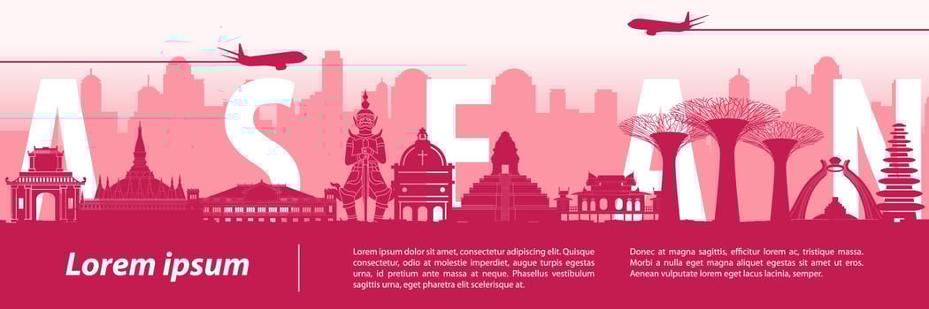 silhouette design of ASEAN landmarks with text inside vector