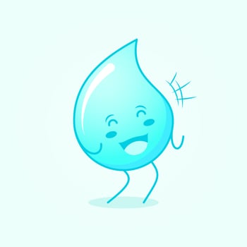 cute water cartoon with happy expression. close eyes and mouth open. suitable for logos, icons, symbols or mascots. blue and white vector