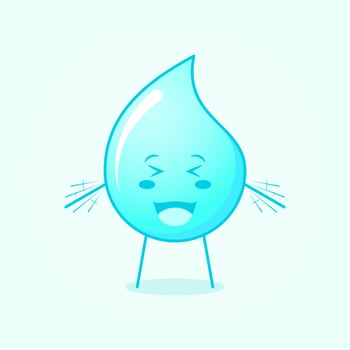 cute water cartoon with happy expression. close eyes, mouth open and hands shaking. suitable for logos, icons, symbols or mascots. blue and white vector