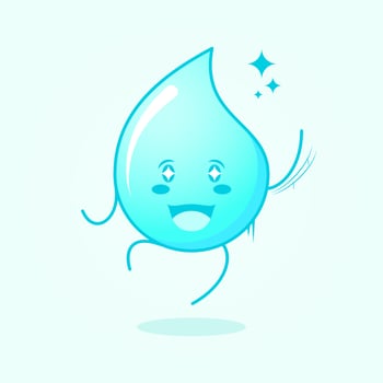 cute water cartoon with happy expression. jump, one hand up, mouth open and sparkling eyes. suitable for logos, icons, symbols or mascots. blue and white vector