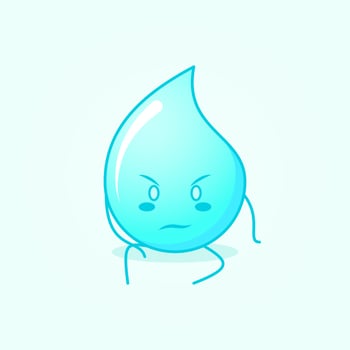 cute water cartoon with serious expression and sit down. suitable for logos, icons, symbols or mascots. blue and white vector