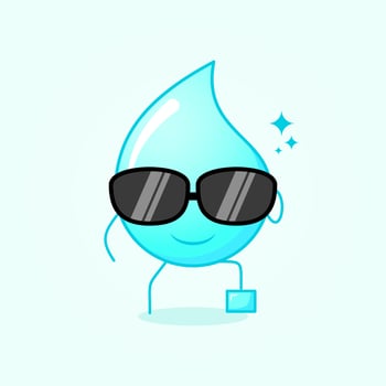 cute water cartoon with smile expression. black eyeglasses, one leg raised and one hand holding glasses. suitable for logos, icons, symbols or mascots. blue and white vector