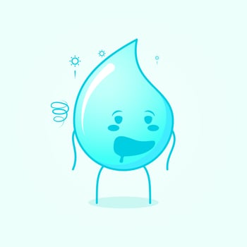 cute water cartoon with drunk expression and mouth open. suitable for emoticon, logo, mascot and icon. blue and white vector