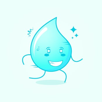 cute water cartoon with happy expression, sparkling eyes, run and smiling. suitable for emoticon, logo, mascot and icon. blue and white vector